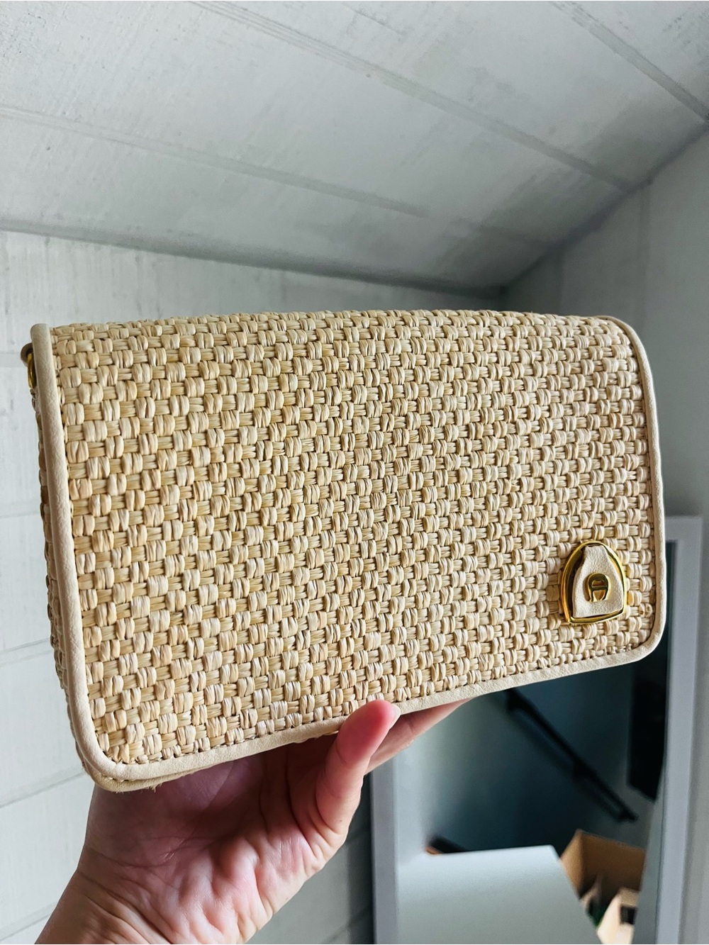 Etienne Aigner Natural Woven Straw Clutch with Gold-Tone Accent